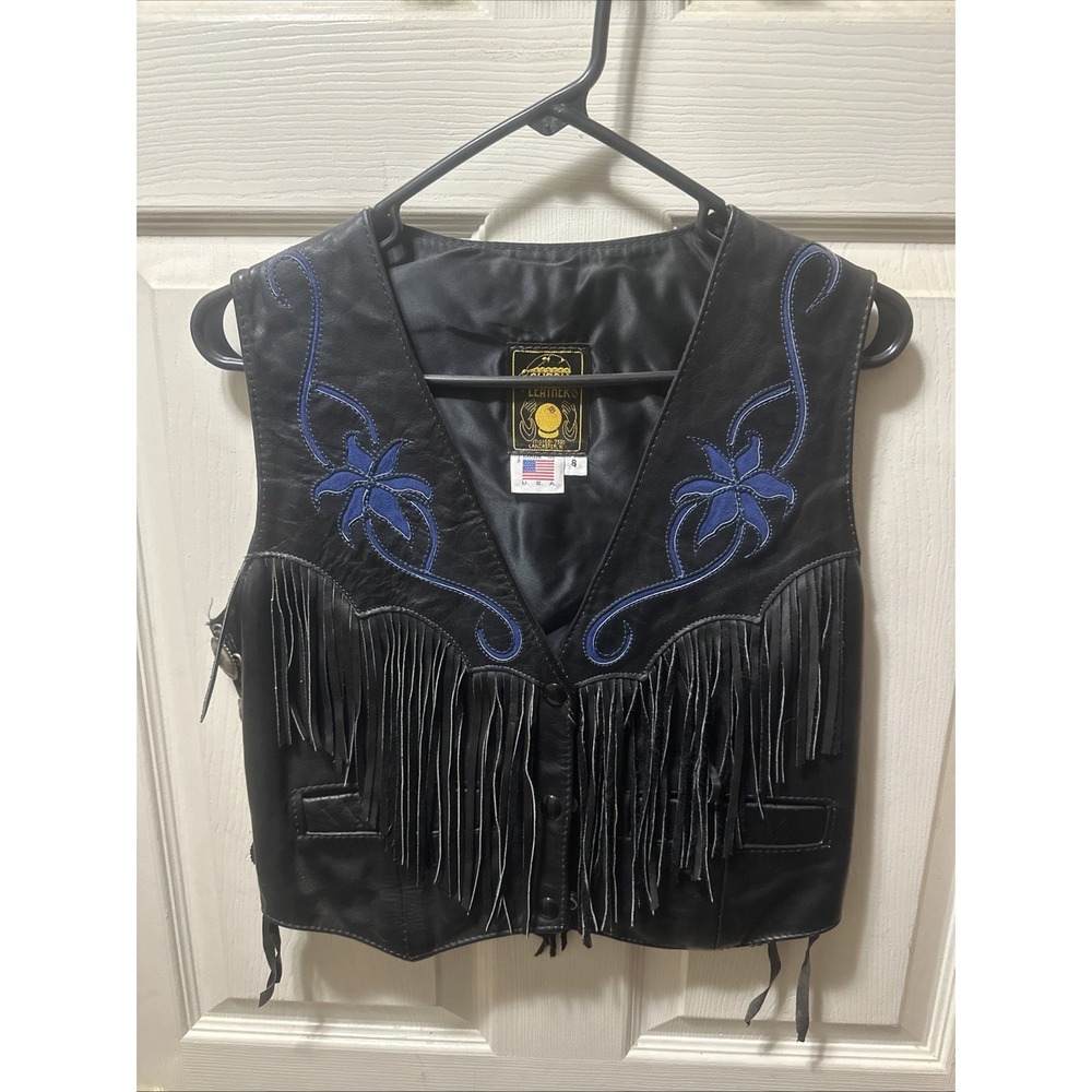 Vtg Gypsy 80s Womens Etched‎ Leather Fringe Motorcycle Vest Lace Up Concho Sz 8